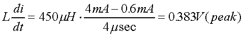 舉例來說，一個閘在"ON"而載有4mA的電流時，突然開關(guān)切到"OFF"且現(xiàn)在載有0.6mA的電流，假設(shè)開關(guān)時間為4msec，載有450mH的電感信號的導(dǎo)體，此時所產(chǎn)生的電壓突波為